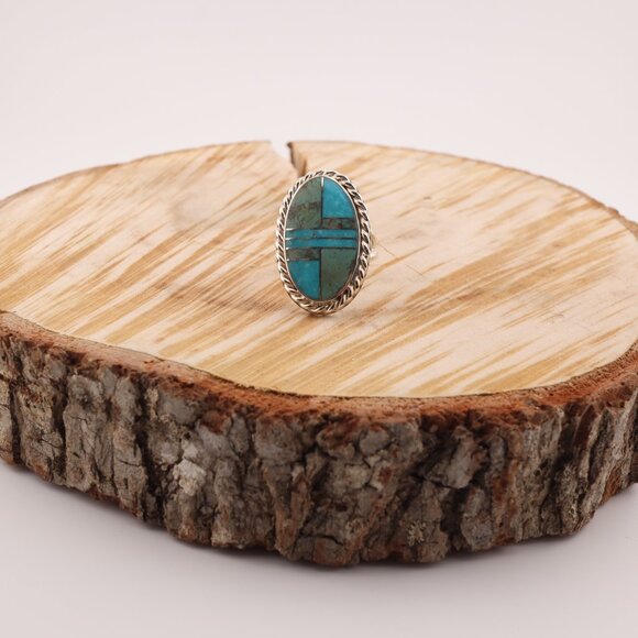 Navajo Sonoran and AZ Blue Turquoise Inlay Ring‎ Signed Handmade NA Sz 8.25US** - Picture 13 of 14
